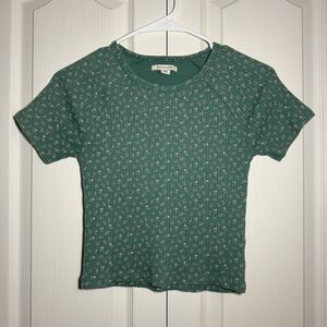 American Eagle Green Cropped Baby Tee Ribbed Pink Floral Women's Crop Top Small